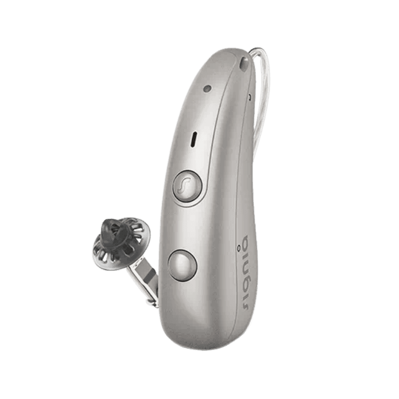 Appareil auditif Signia Pure Charge&Go 5IX, micro-contour rechargeable, solution moderne pour un confort auditif durable. Disponible chez Audio Pour Tous.