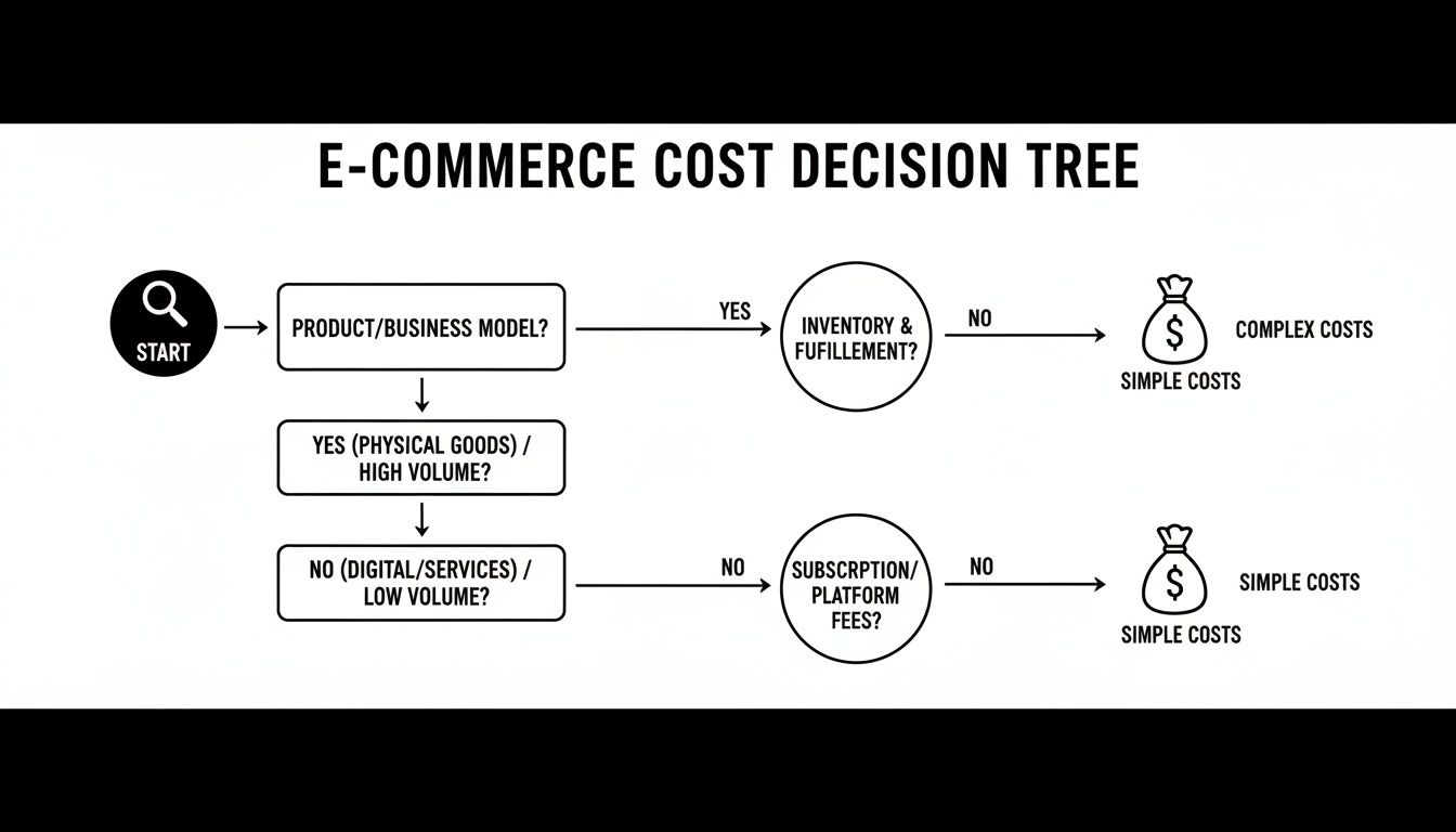 An e-commerce cost decision tree diagram illustrating pathways to simple or complex costs.