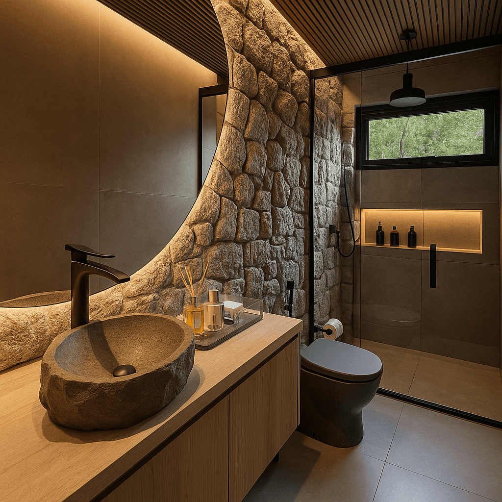 Spa-inspired luxury bathroom with natural textures and stone accents.