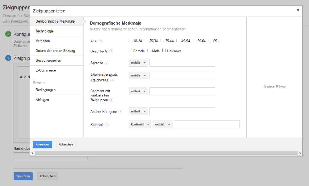 Erstellung einer Remarketing-Liste in Google Analytics