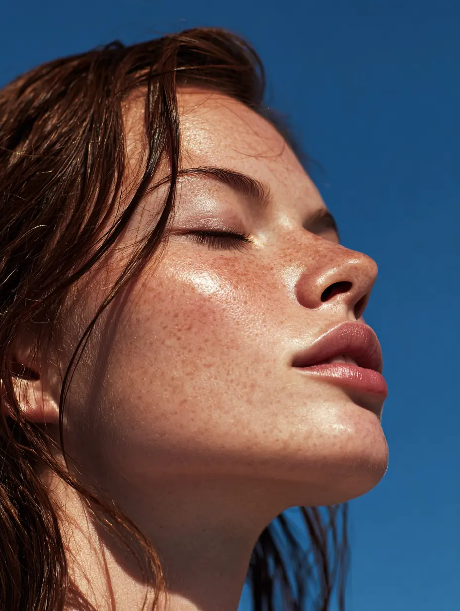 Sunlit close-up portrait of a woman with glowing skin against blue sky.