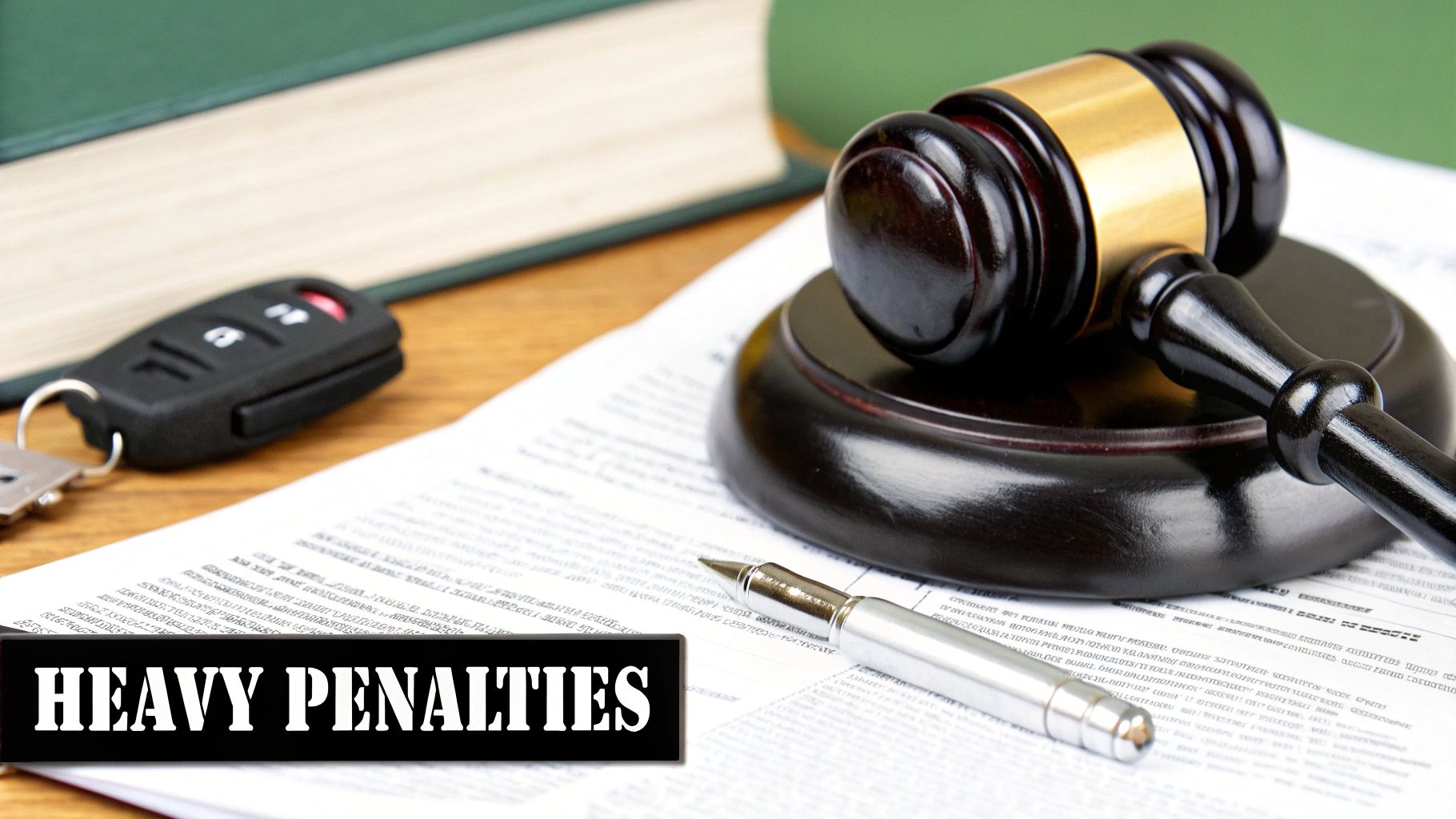 An image of a gavel on a law book, symbolizing the serious legal consequences of a street racing conviction.