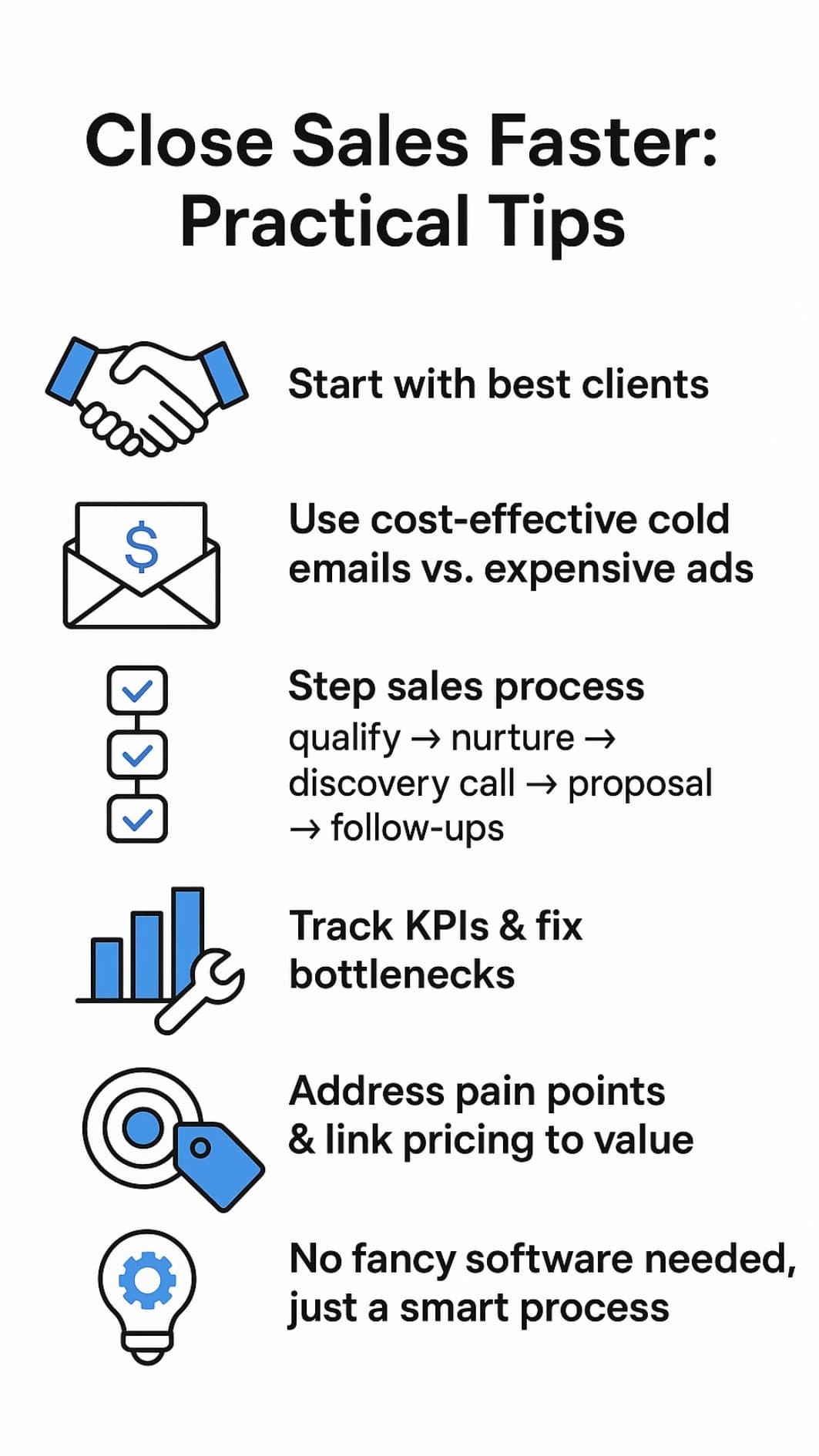 Infographic of practical tips to close sales faster for marketing agencies.