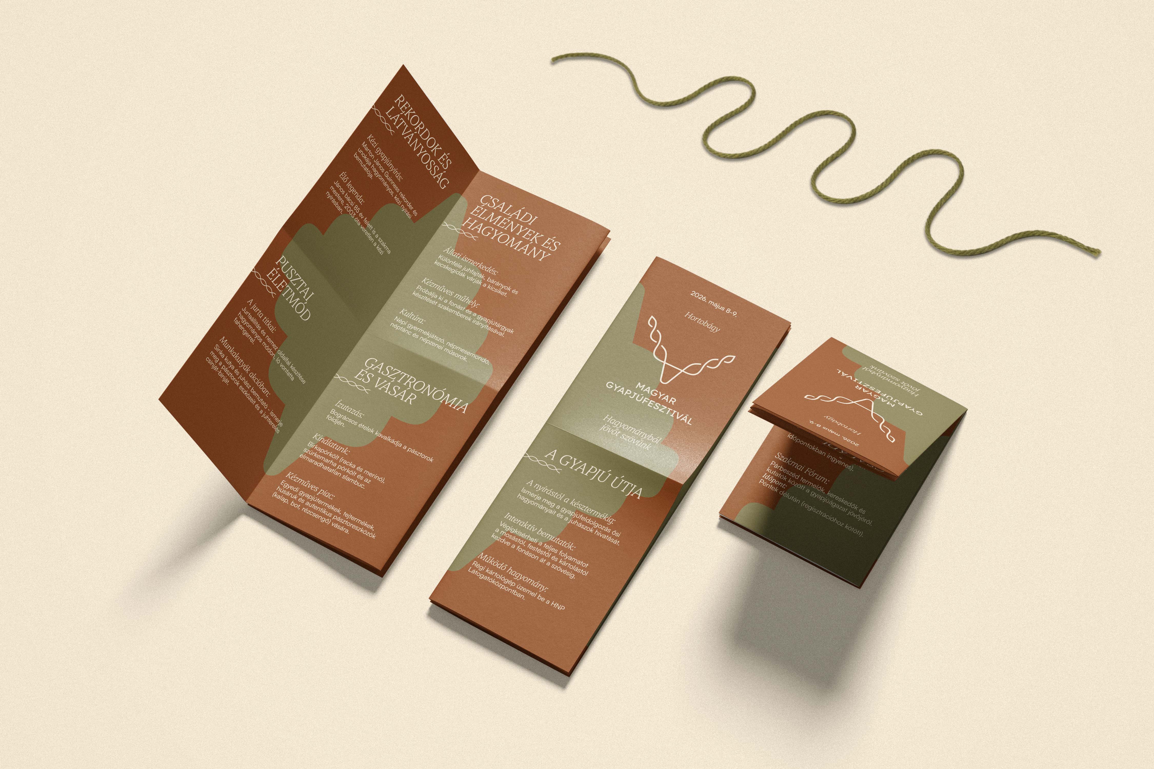 Folded program brochures displaying festival programs like pastoral lifestyle and gastronomy - Hungarian Wool Festival, a festival brand identity.