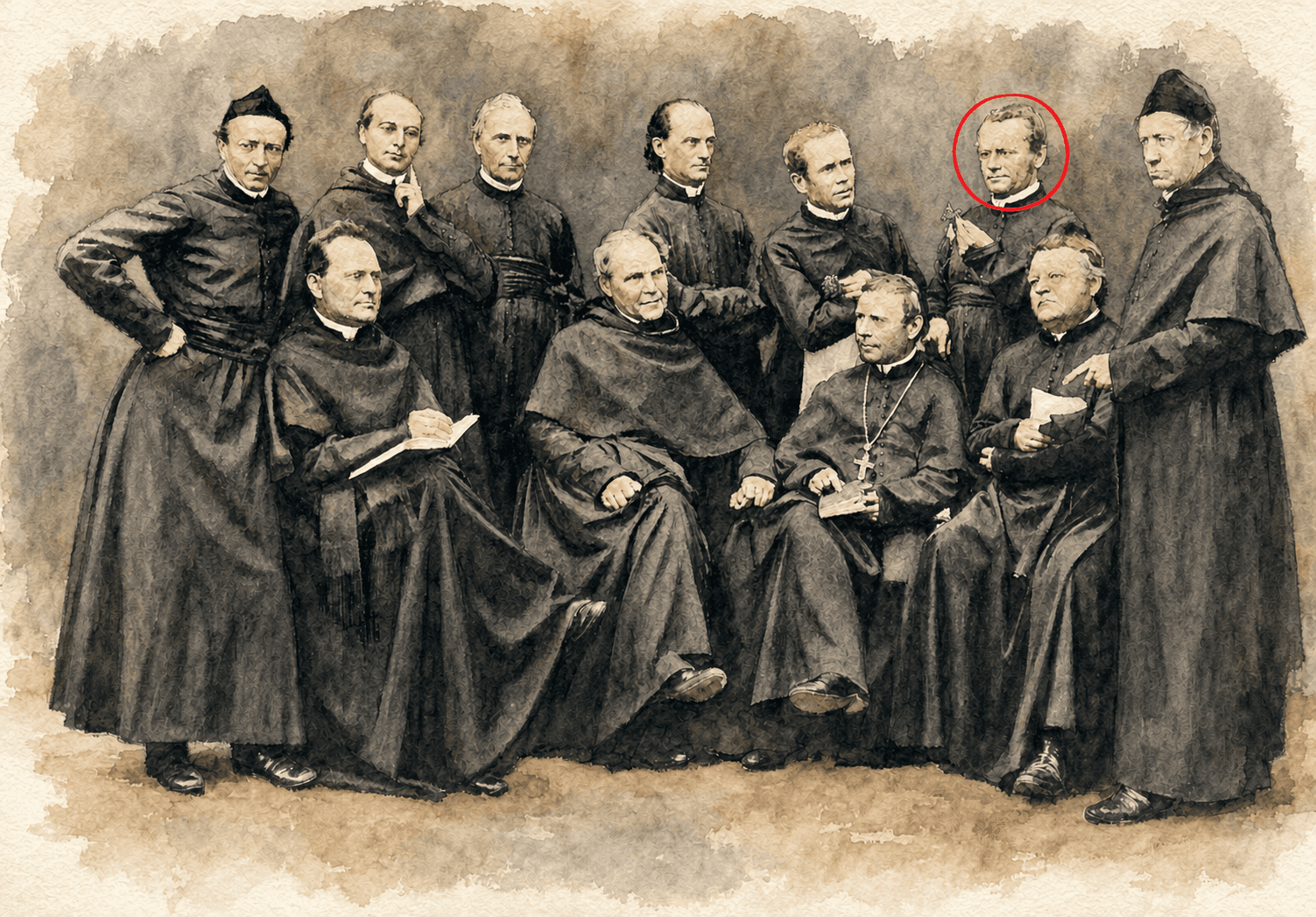 Gregor Mendel pictured with other monks, with Mendel circled in red