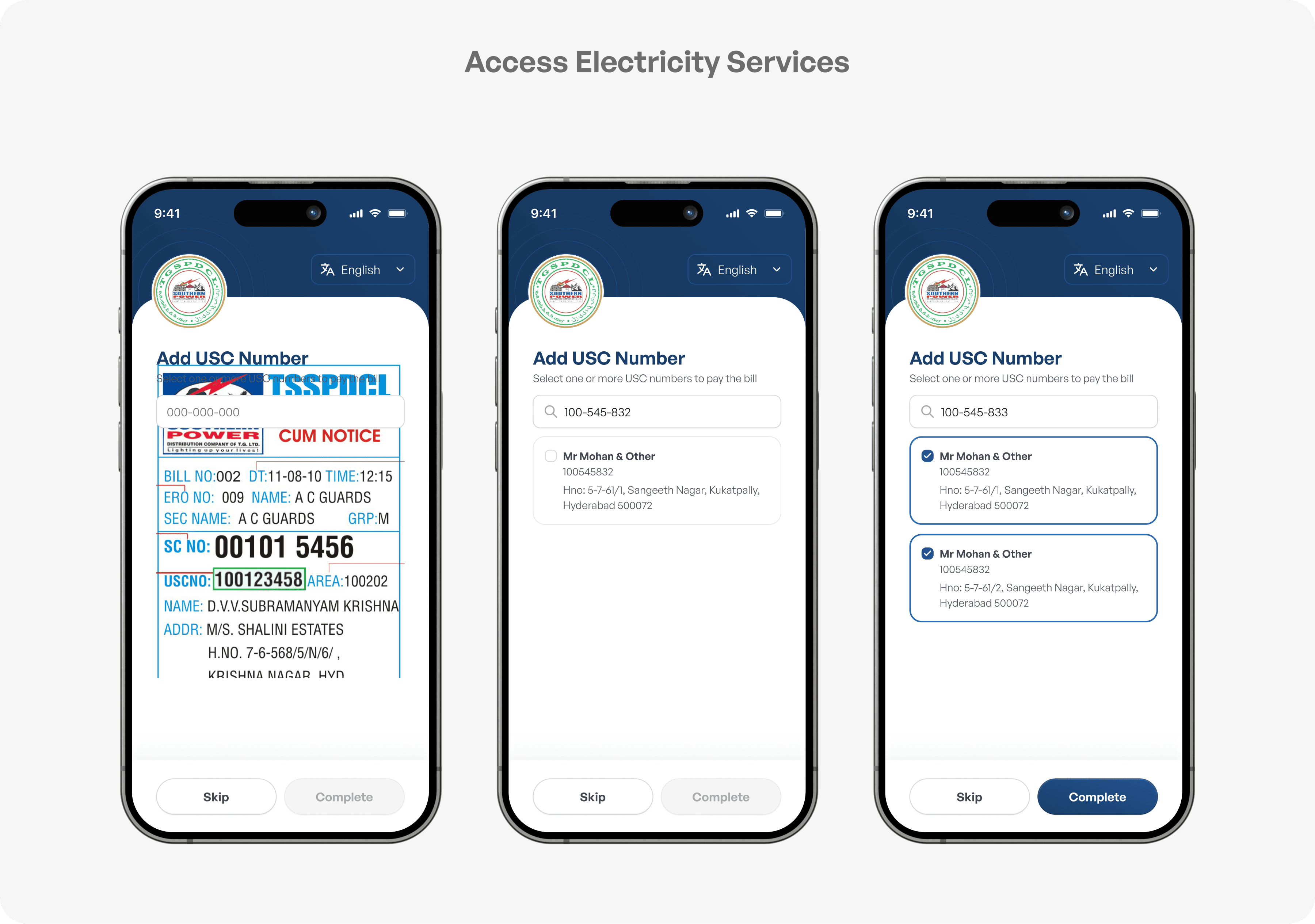 Telangana Electricity app three screens of add USC number flow interface design