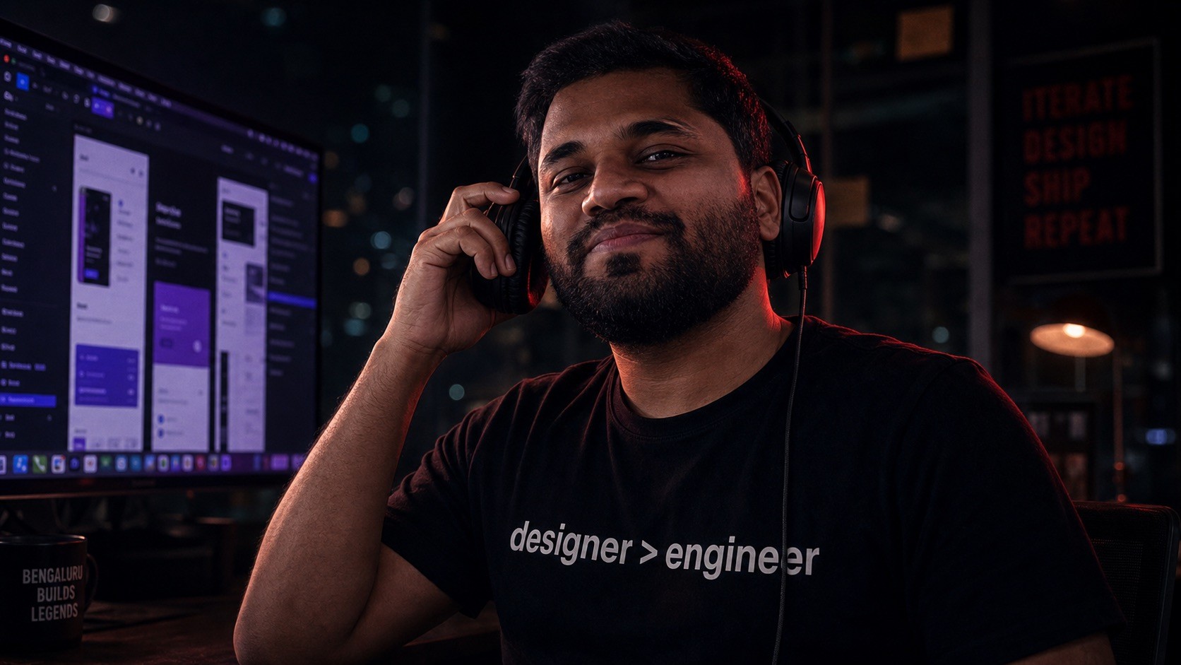 Siva reviewing a product design with headphones on