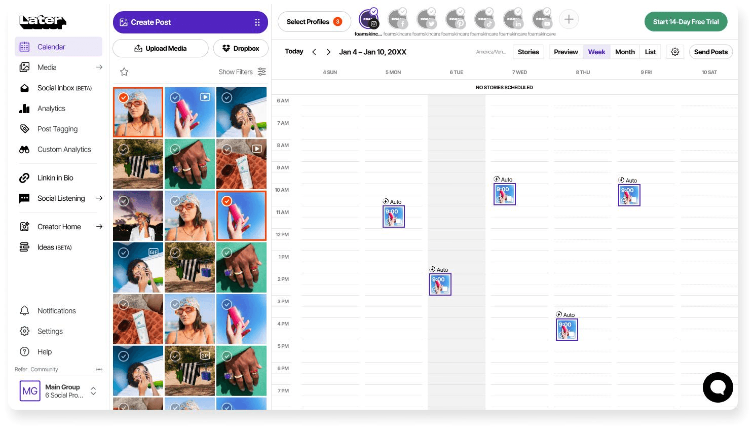 Later content calendar displaying scheduled posts across multiple dates