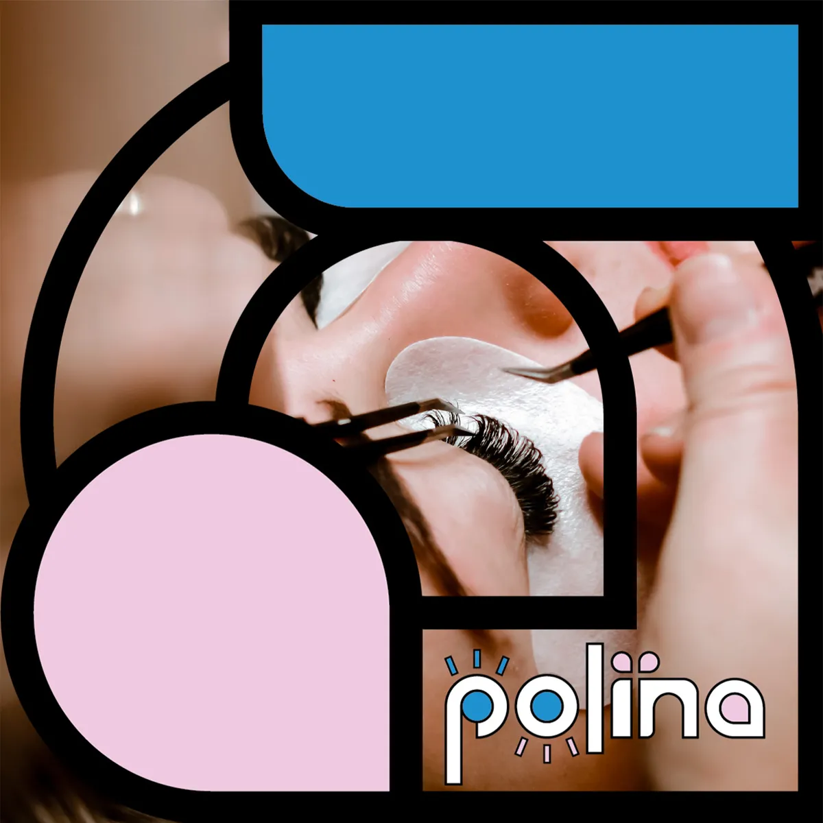 Polina lashes studio brand concept showing lash extension photography with geometric blue and pink shapes and logo, designed by The World District.