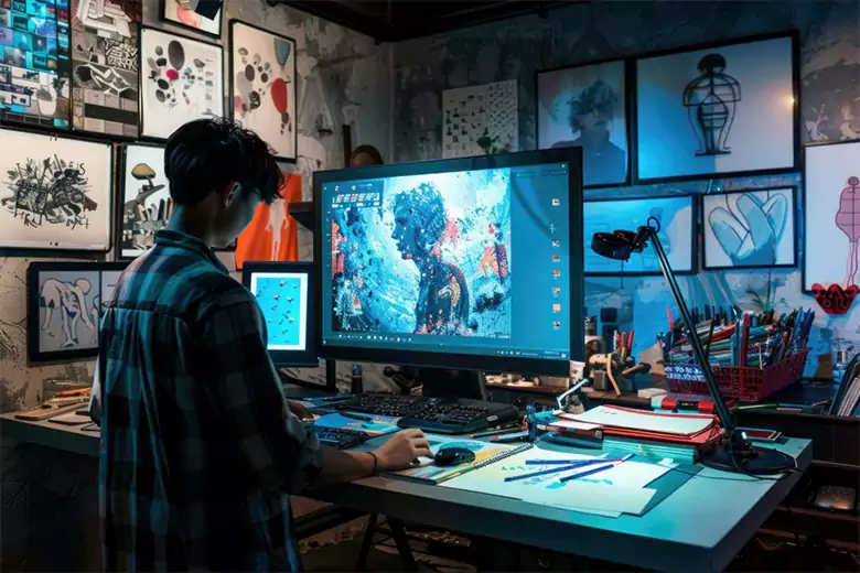 Bright green butterfly with shadow on a cream surface.