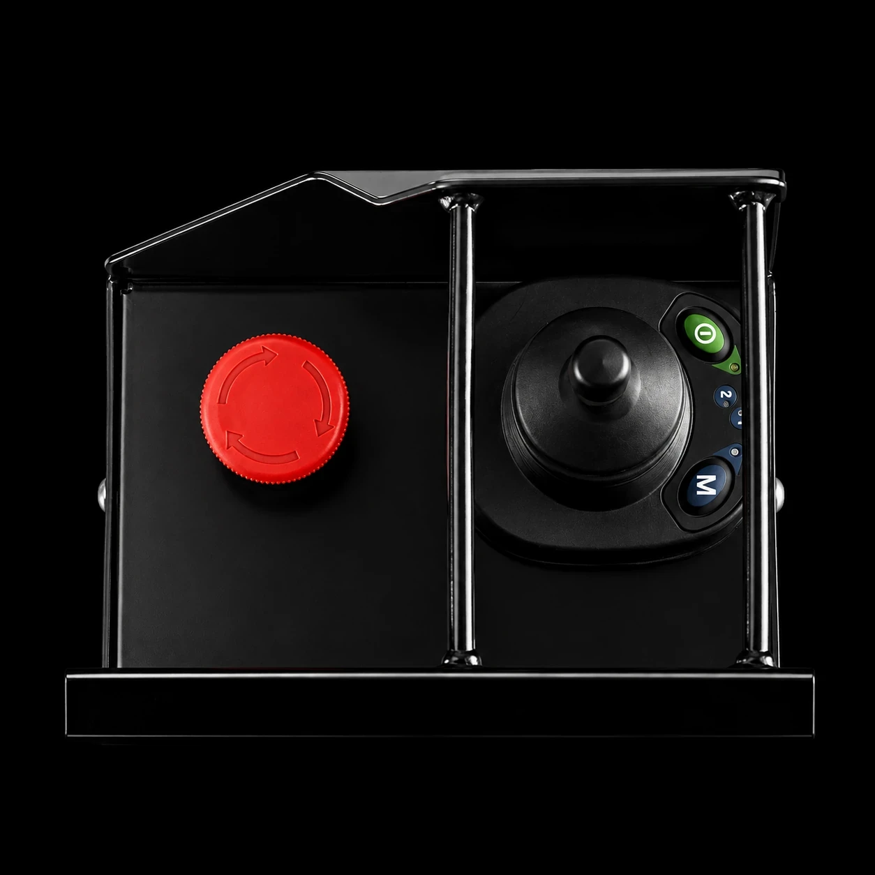 Platform joystick controller for electric scissor lift with emergency stop button and function controls.