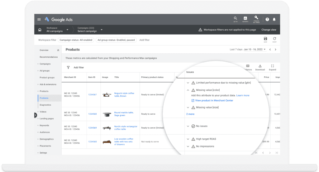 Google Ads issues insights.