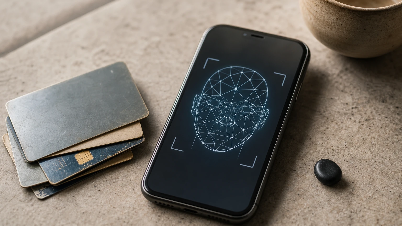 A smartphone shows a facial recognition scan beside a pile of discarded credit cards.