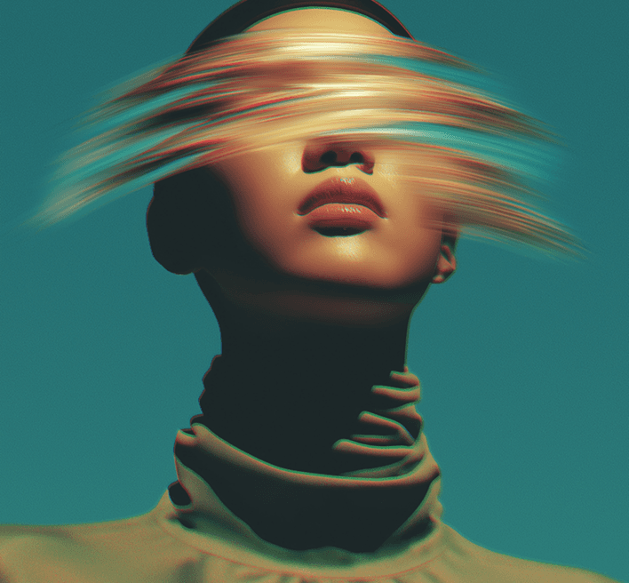 A woman with her eyes shut, experiencing the breeze as her hair dances in the wind.