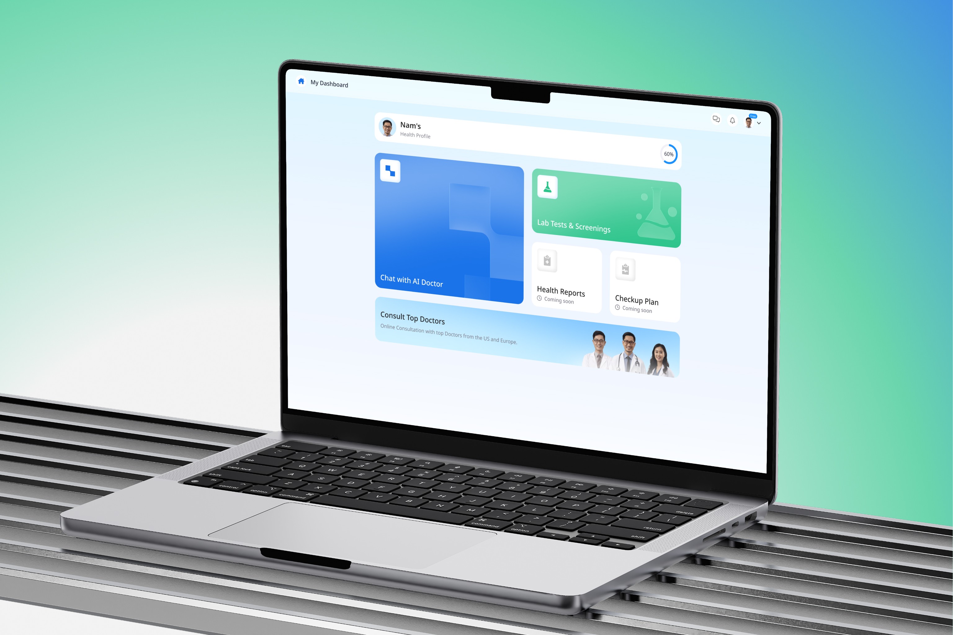 The image shows the dasboard of the medico ai on a laptop