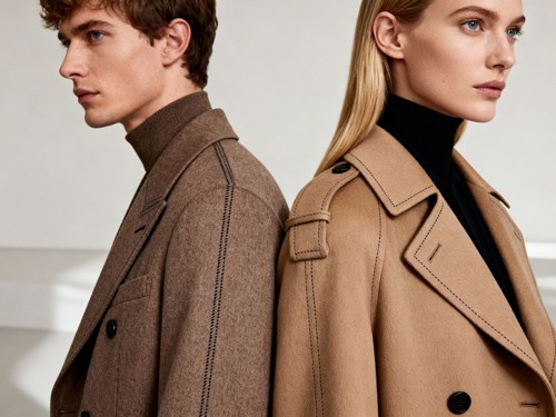 Fotoshooting eines Mannes und einer Frau in braunen Mänteln. Professionelle Fotografie erstellt mit KI.