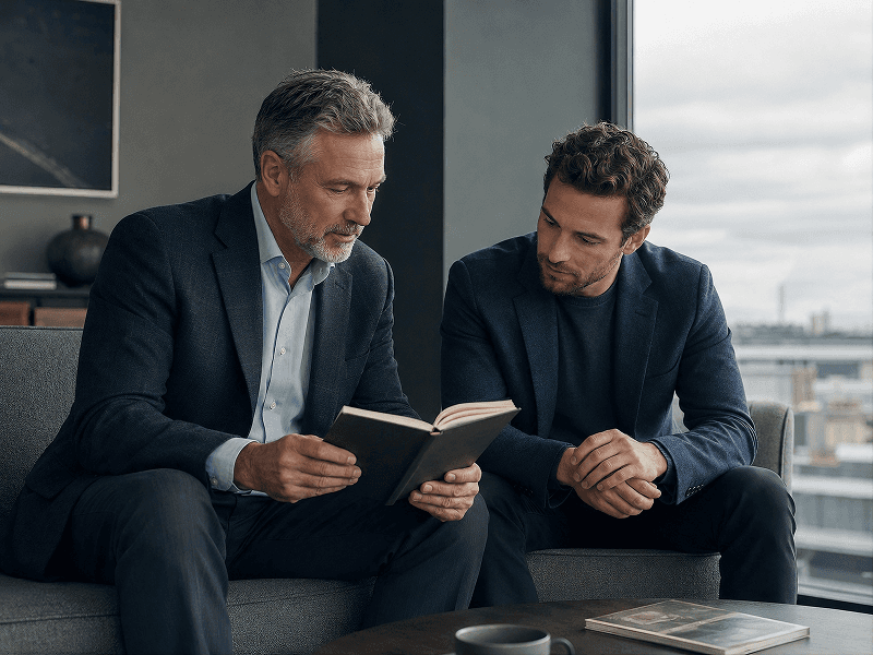 An older man and a younger man in business clothing read from a small, dark book together while sitting on a sofa.