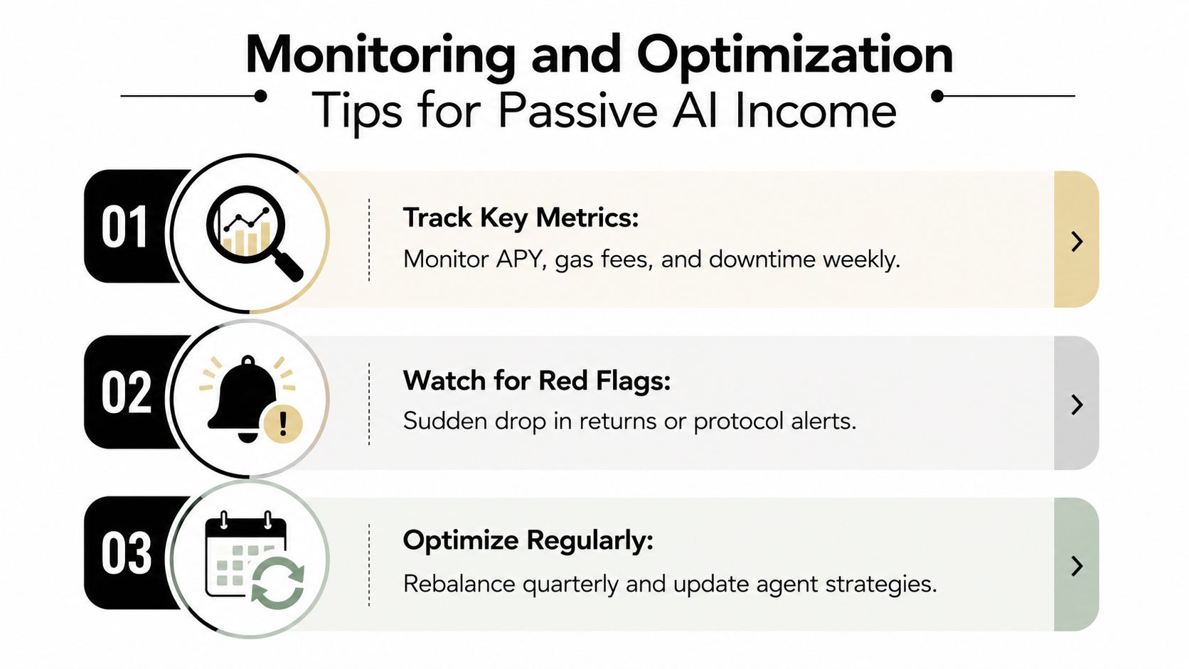 A three-step infographic on monitoring and optimizing strategies to generate passive income using artificial intelligence.