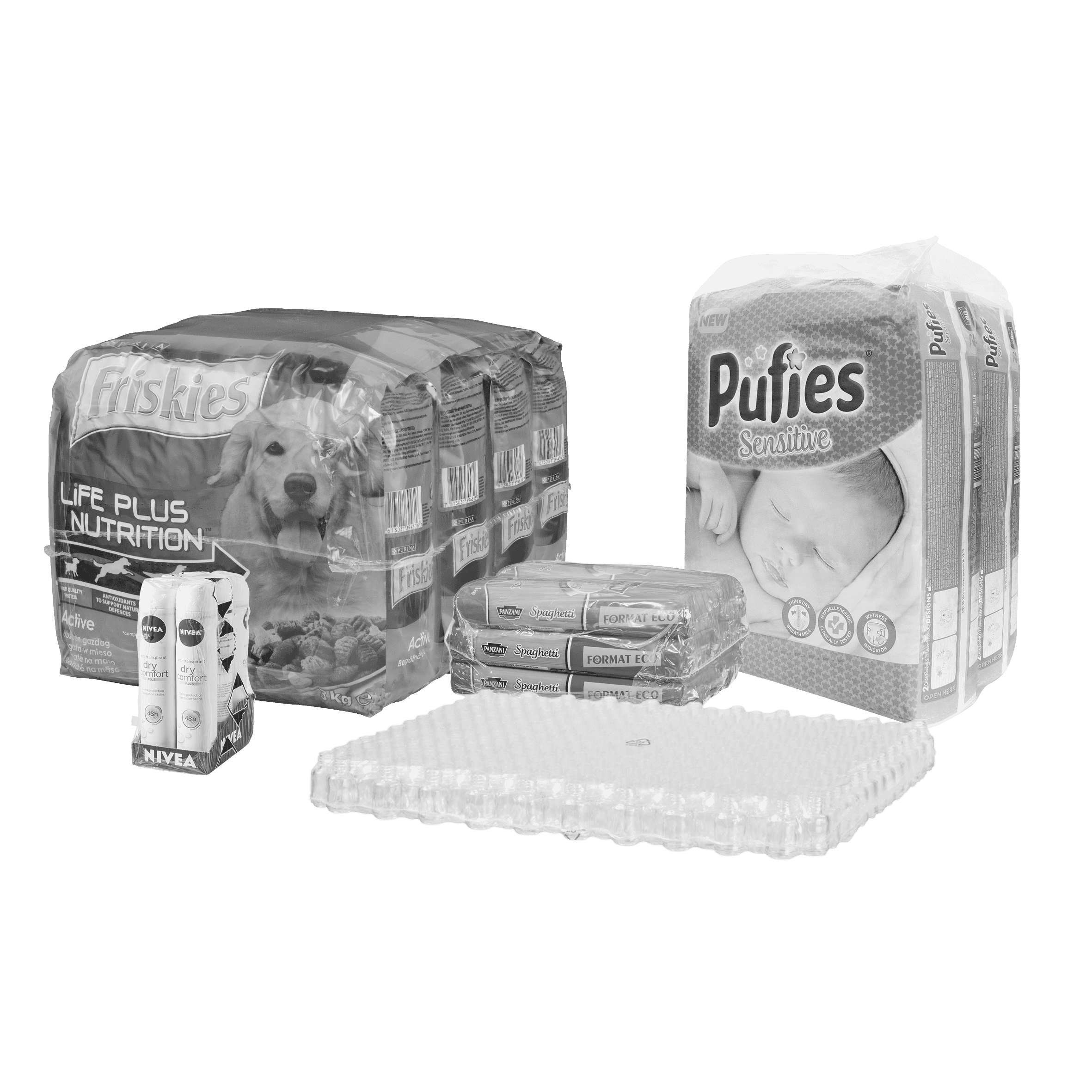 Various packaged products: dog food, nappies, cosmetics. Product packaging in film. Black-and-white photo.
