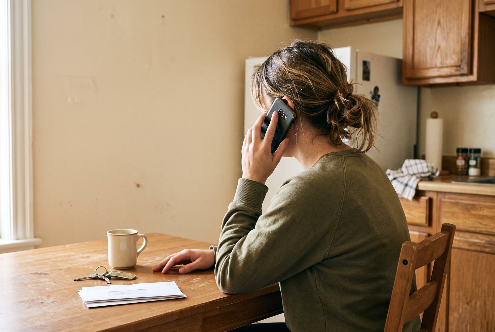 A woman seen from behind at a kitchen table, phone held to her ear in morning light.
