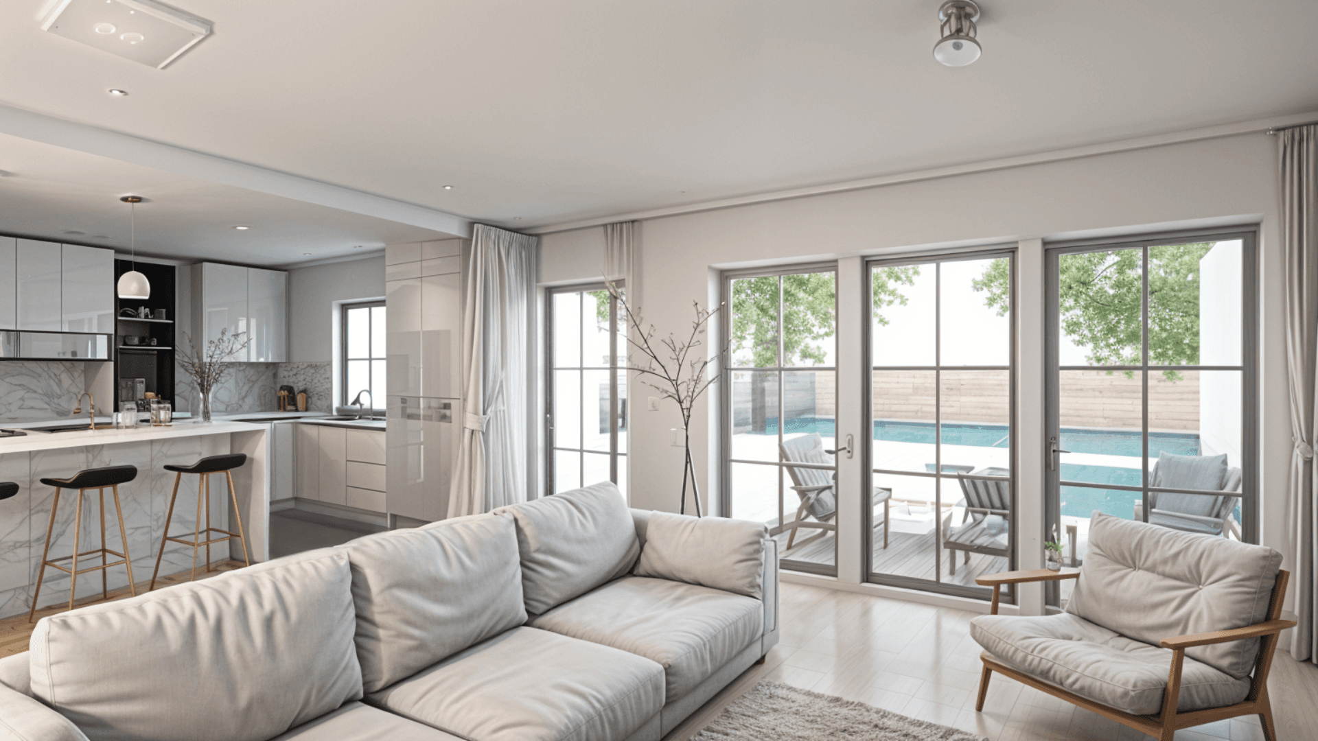 Bright and inviting living room with a fireplace, large windows, and an open connection to the kitchen, creating a warm ambiance.