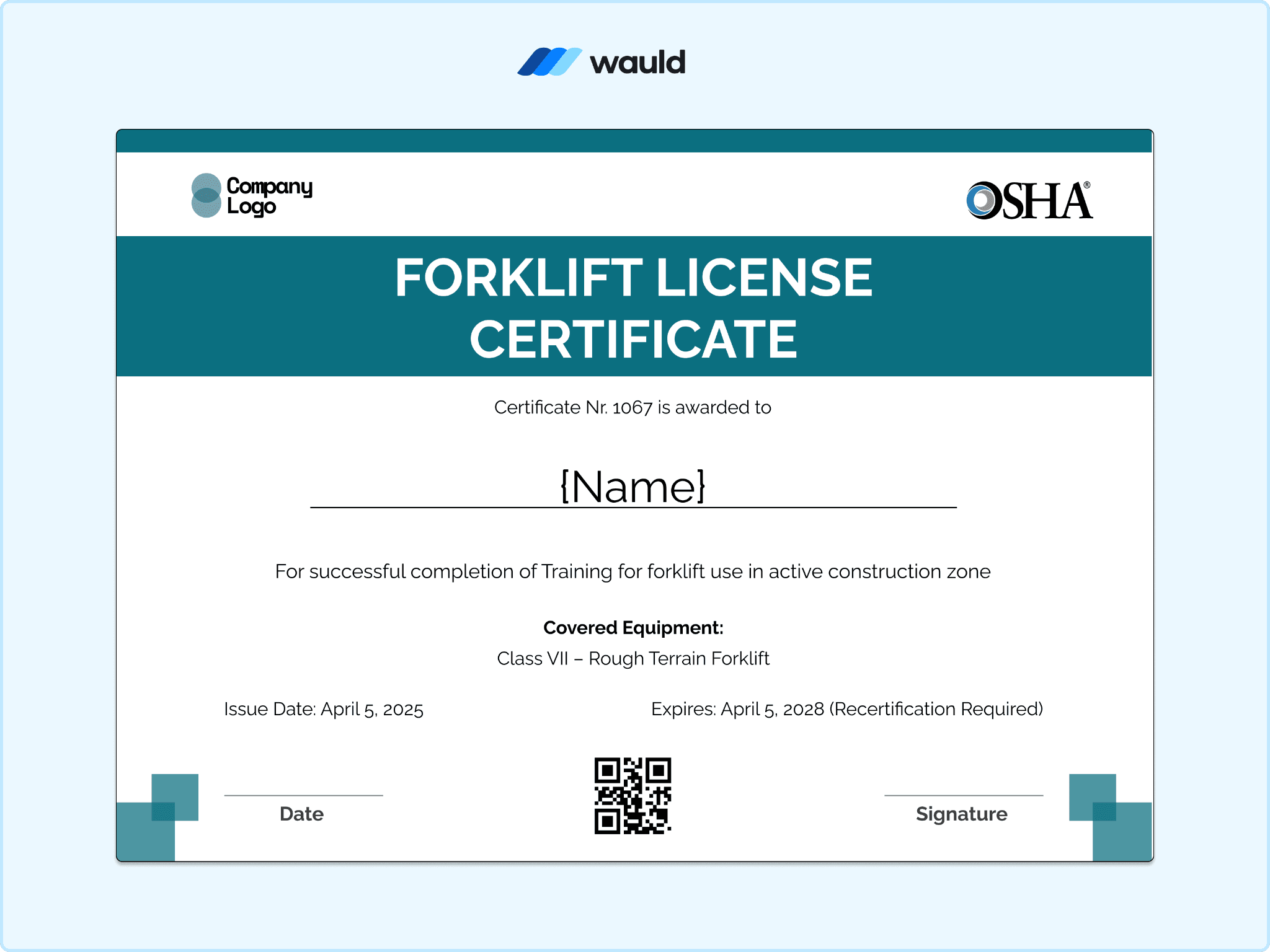 Teal header forklift license certificate template with recipient name field, covered equipment, cer
