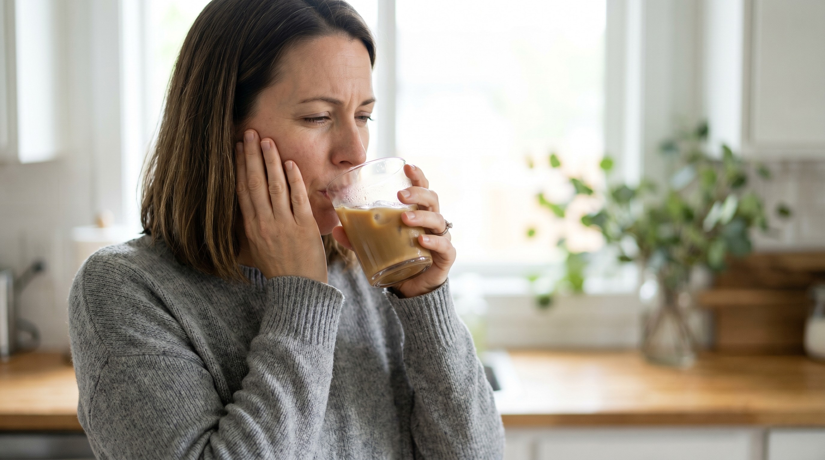 Woman pausing mid-sip of iced coffee and touching her cheek in a sunlit kitchen