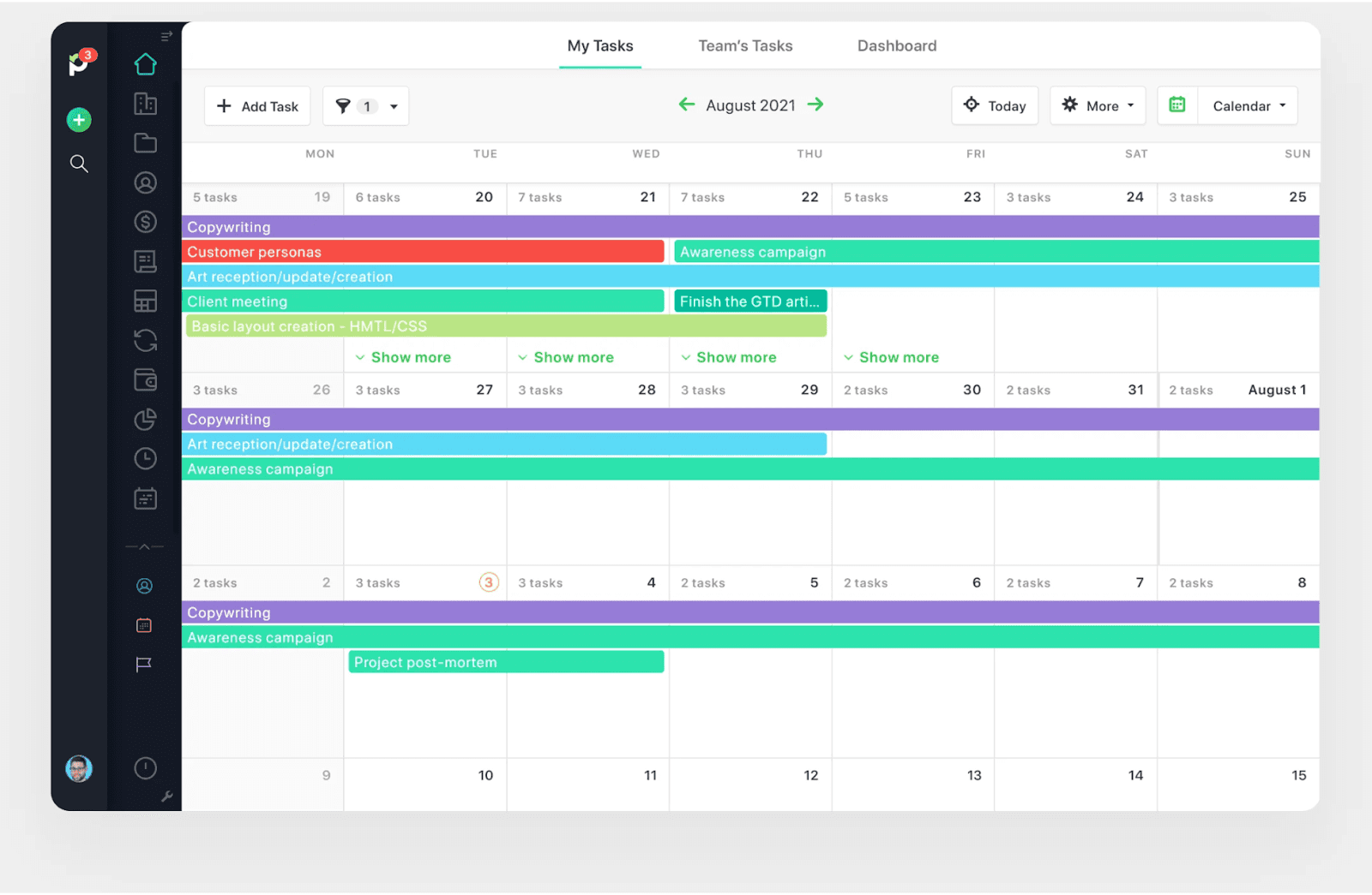 Paymo’s task calendar view with color-coded project bars