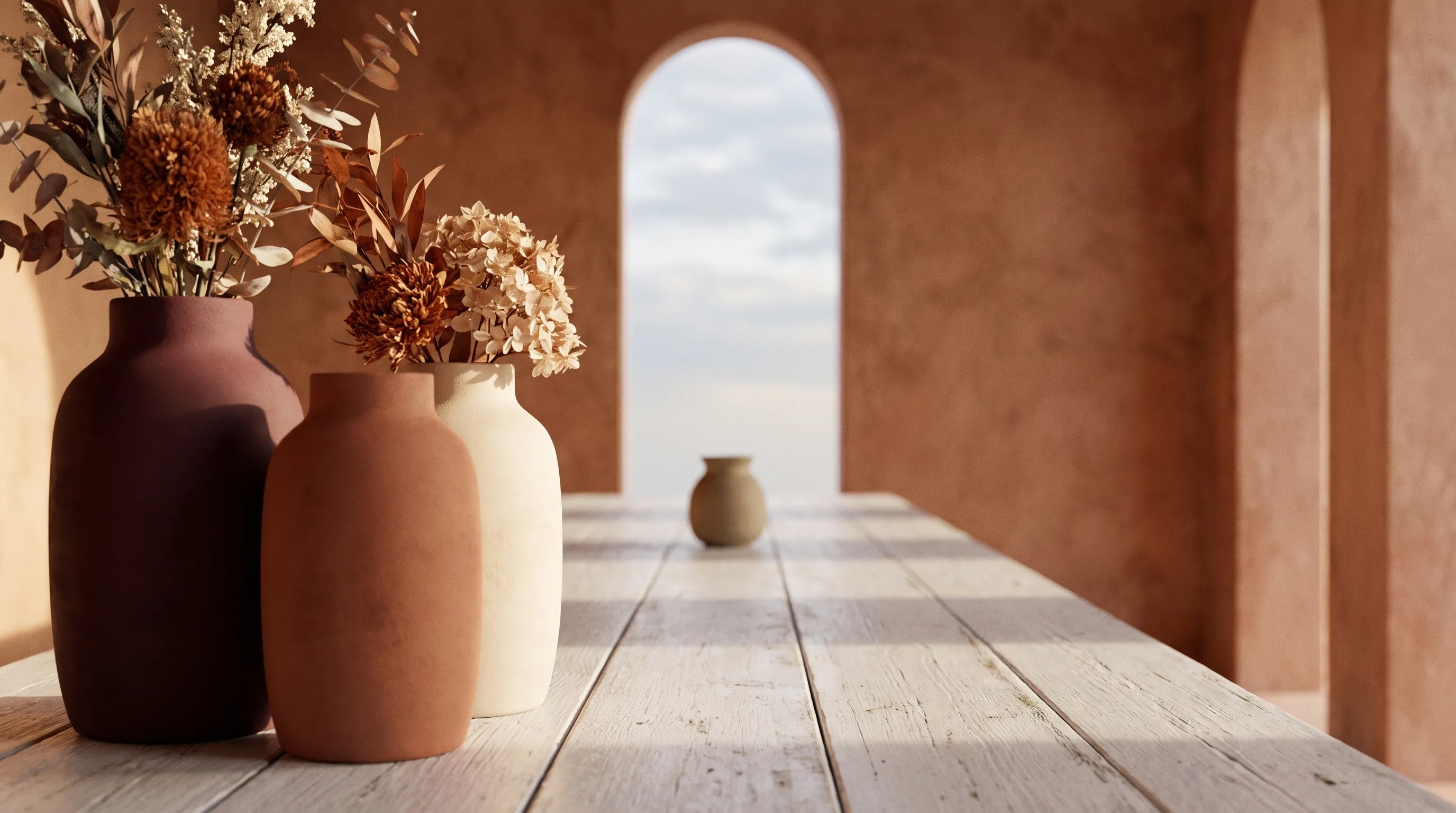 Three ceramic vessels close to the camera in sharp focus and a fourth far down the table, small and out of focus
