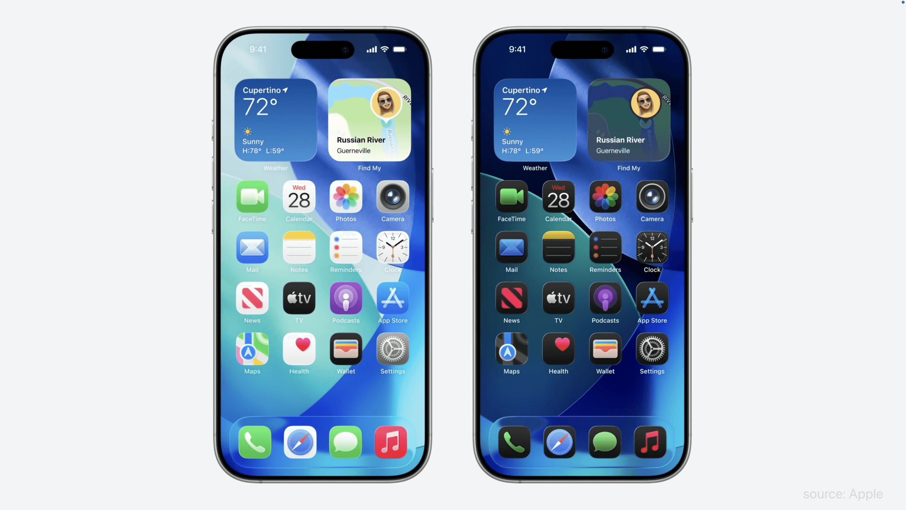 Two iPhones showing their home screen icons in light and dark mode