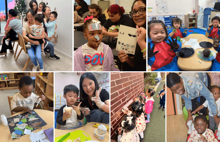Collage of preschoolers and teachers working on crafty activities.