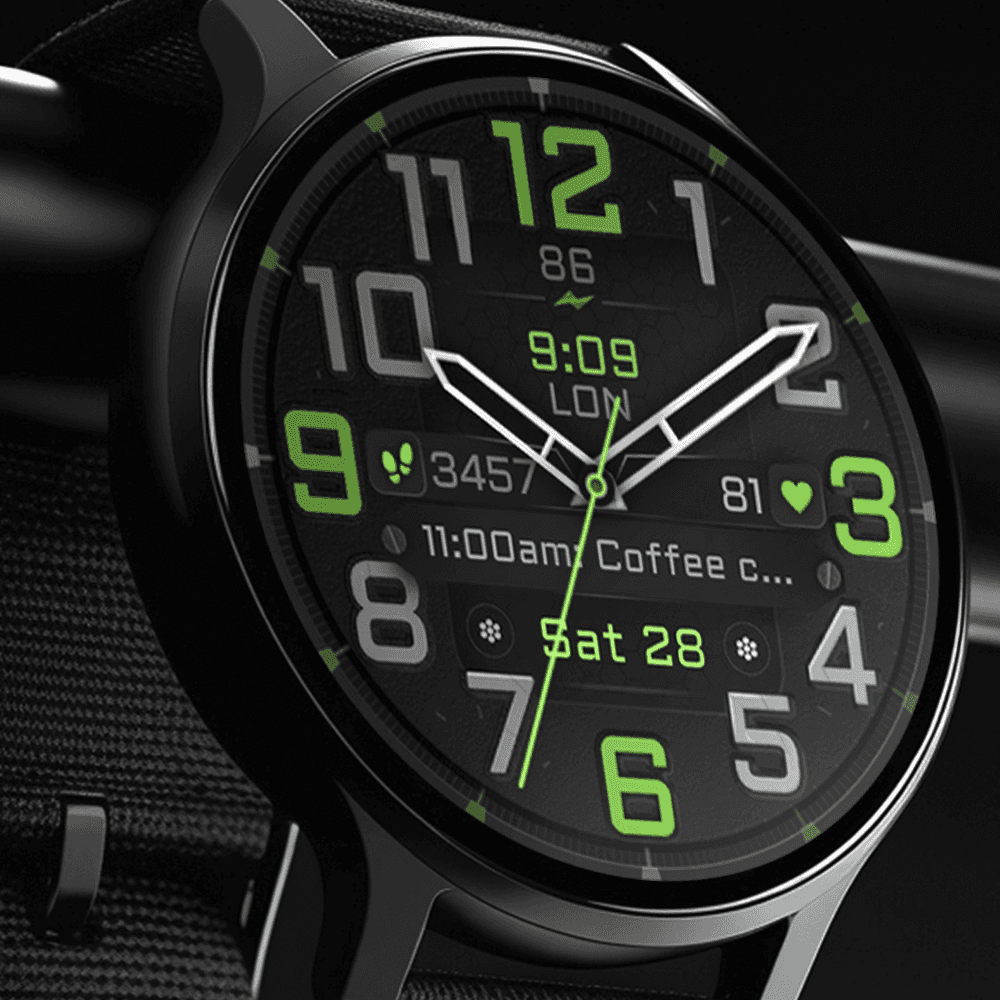 Modern Wear OS smartwatch displaying an analog watch face