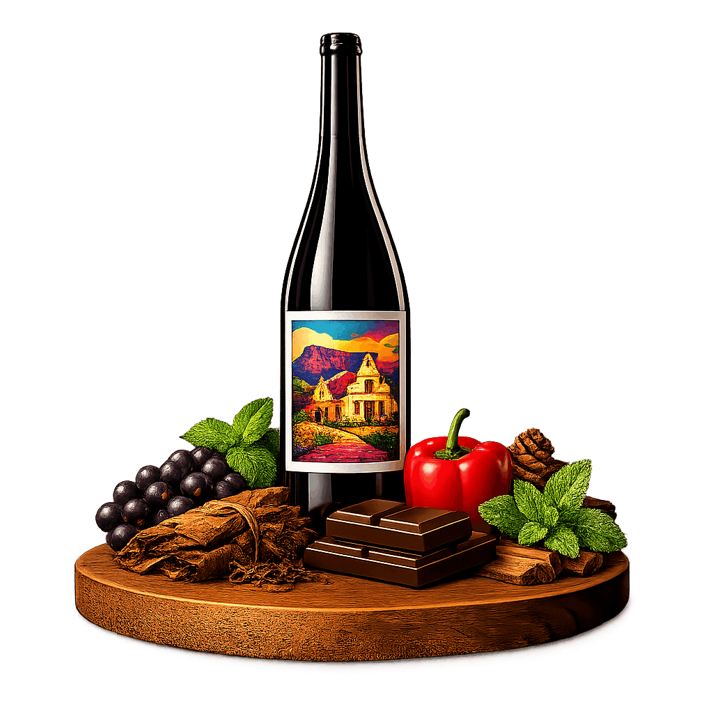 Artistic label and flavor profile for South African Stellenbosch Cabernet on a rustic wooden table.