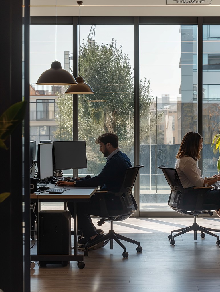 Two people working in a modern office, illustrating Kowee’s commitment to innovation and productivity.