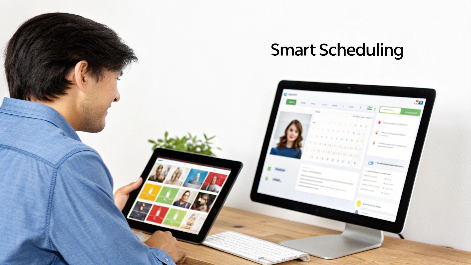 A man uses a tablet and desktop computer displaying smart scheduling and management software for language schools.