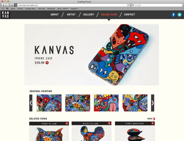 A screenshot of a Kanvas website displays a colorful iPhone case design. The case features abstract, cartoonish artwork in vibrant hues of red, blue, yellow, and orange on a white background. The product is priced at $59.99 and is categorized under "ORIGINAL PAINTING." Below the case image are thumbnails of other artwork items. The website includes navigation links for "ABOUT," "ARTIST," "GALLERY," "ONLINE SHOP," and "CONTACT."