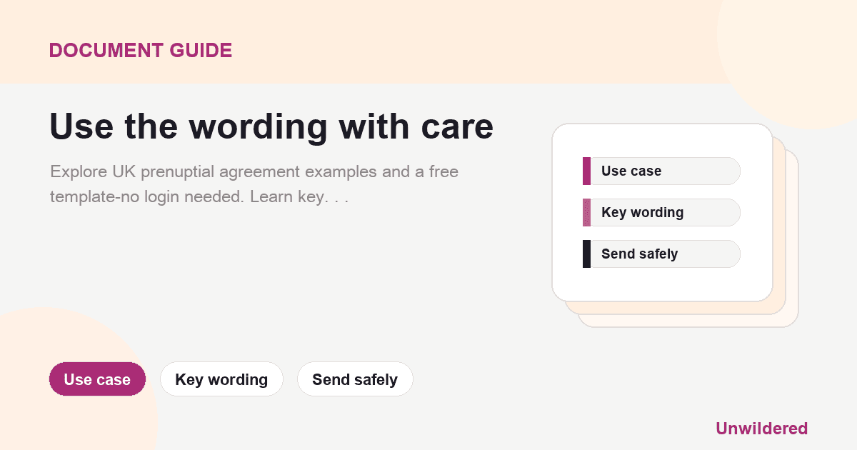 Explainer card for Prenuptial examples & agreement template UK - Free, no login: Use case, Key wording, Send safely.