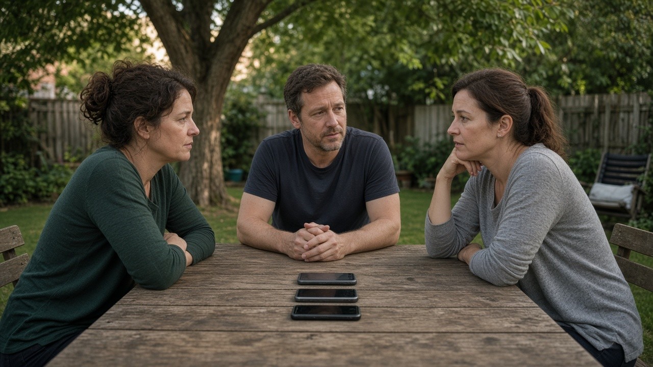 The image shows three adults—two women and one man—engaged in a serious conversation around a wooden table outdoors, with a large tree and garden in the background. On the table, three smartphones are placed in a row, possibly indicating a discussion about mobile apps or digital solutions. The setting and body language suggest the family is thoughtfully considering or evaluating elderly monitoring apps, reflecting a concern for the care and safety of elderly relatives. This image can be used to illustrate family decision-making about technology-based elderly care.