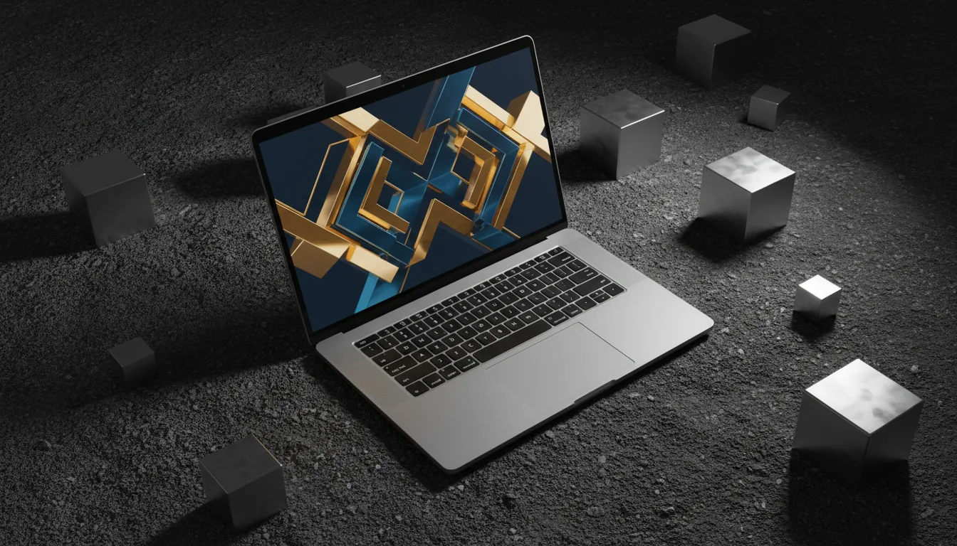 DSLR product photography of a sleek silver laptop placed diagonally on a dark, granular textured surface. The laptop screen displays a vibrant, abstract motion graphic with geometric shapes in gold and blue. The scene is artfully arranged with large and small brushed metal cubes scattered around the device. Cinematic contrast lighting creates dramatic highlights and deep shadows, emphasizing the textures. High-angle shot, sharp focus, high detail.