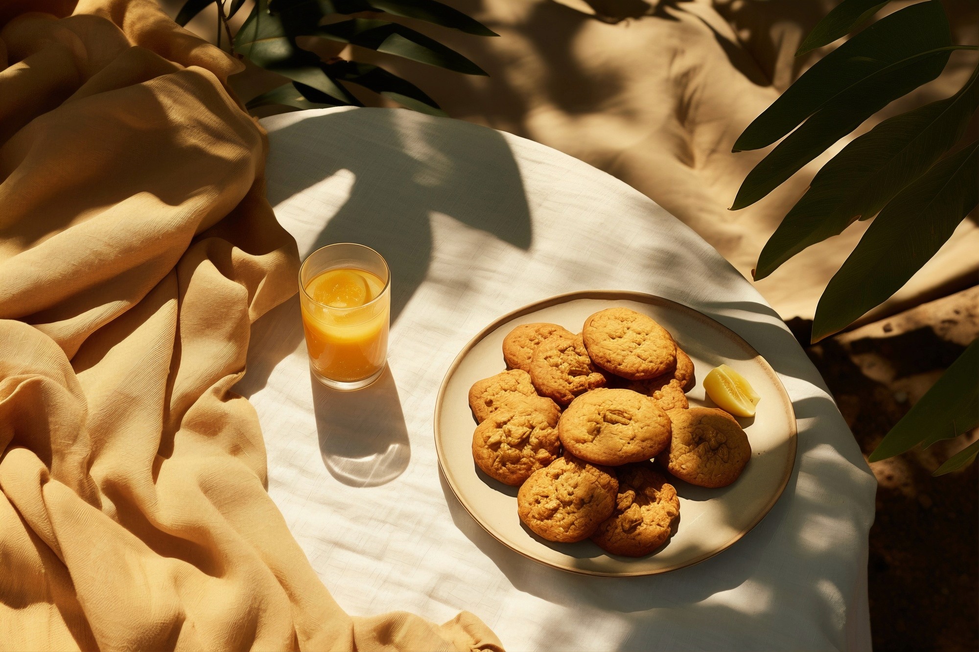 Overhead view of pastries served with a drink on wrinkled fabric, styled in warm natural light.