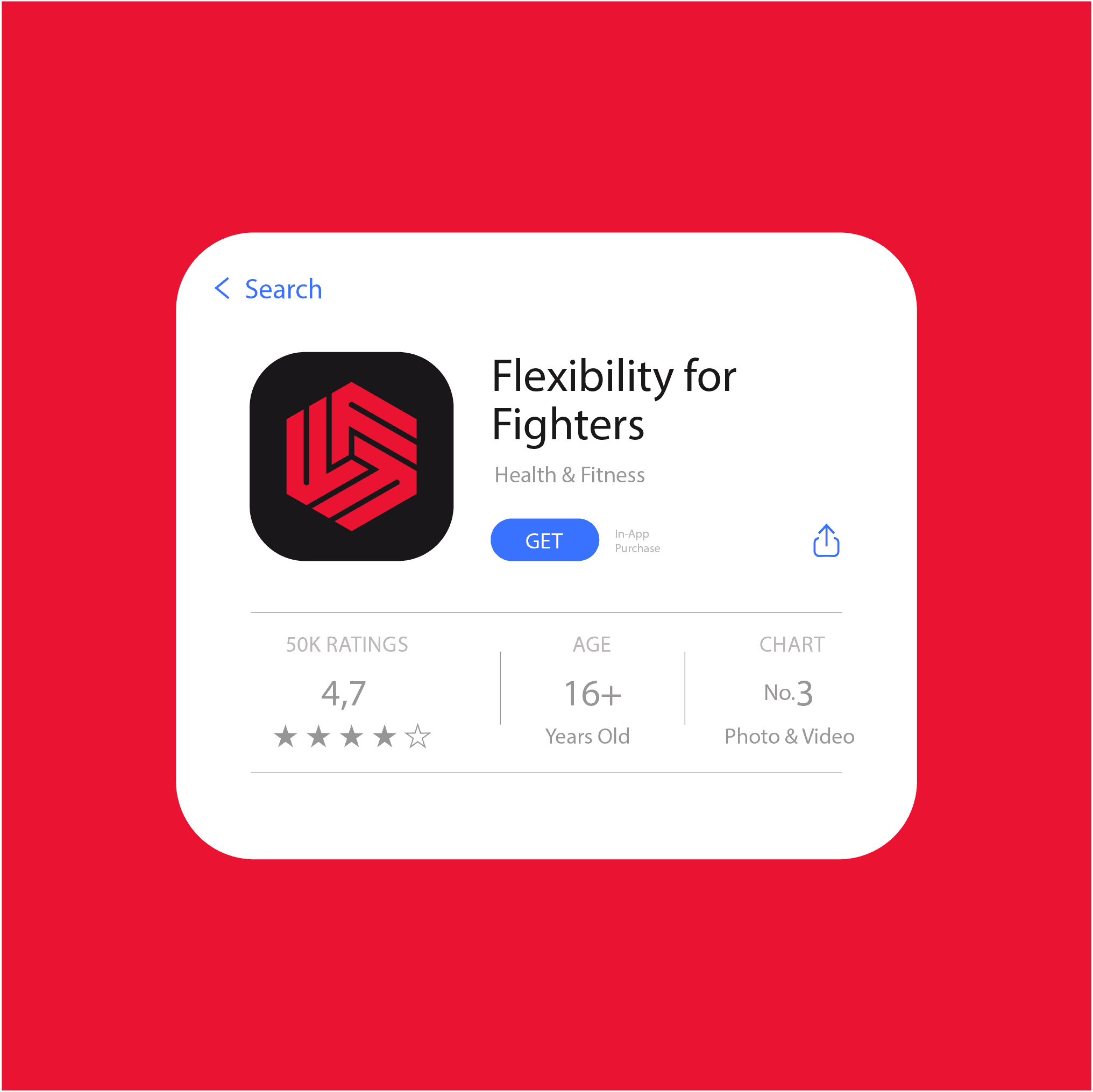 A promotional image showcasing the 'Flexibility for Fighters' app as it appears in an app store interface. The app icon is a bold red hexagonal logo with black accents on a dark background. The app listing features the name 'Flexibility for Fighters' under the Health & Fitness category, with a blue 'GET' button indicating that the app is available for download. The rating displays '4.7 stars' from 50K ratings, with the age requirement marked as '16+ Years Old' and its chart position noted as 'No. 3' in the Photo & Video category. The background is a solid red, matching the brand's signature color.