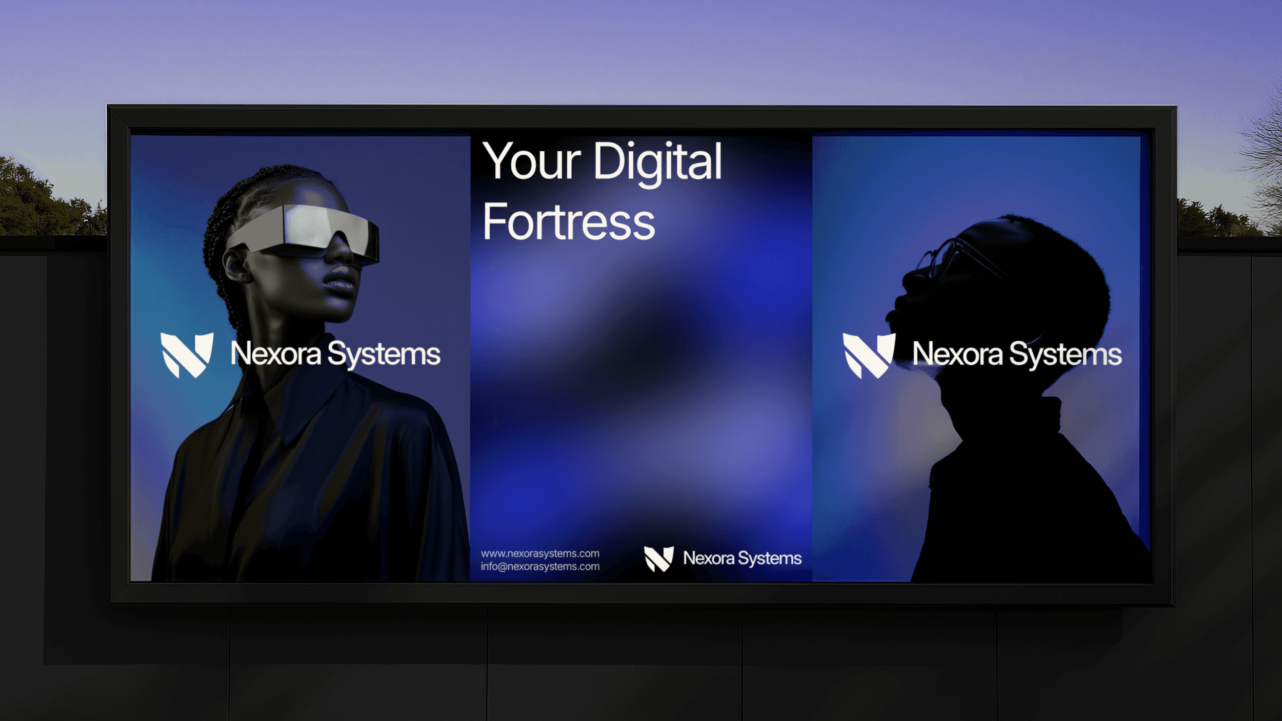 Poster designs for the brand Nexora Systems. The poster on the left features a photo of a woman wearing sunglasses in front of a blue background with the Nexora Systems logo in the center of the poster. The poster in the middle features a blue gradient background with the words "Your Digital Fortress" printed in the top left corner. The poster on the right features the silhouette of a man in front of a blue background and the Nexora Systems logo in the middle of the poster.