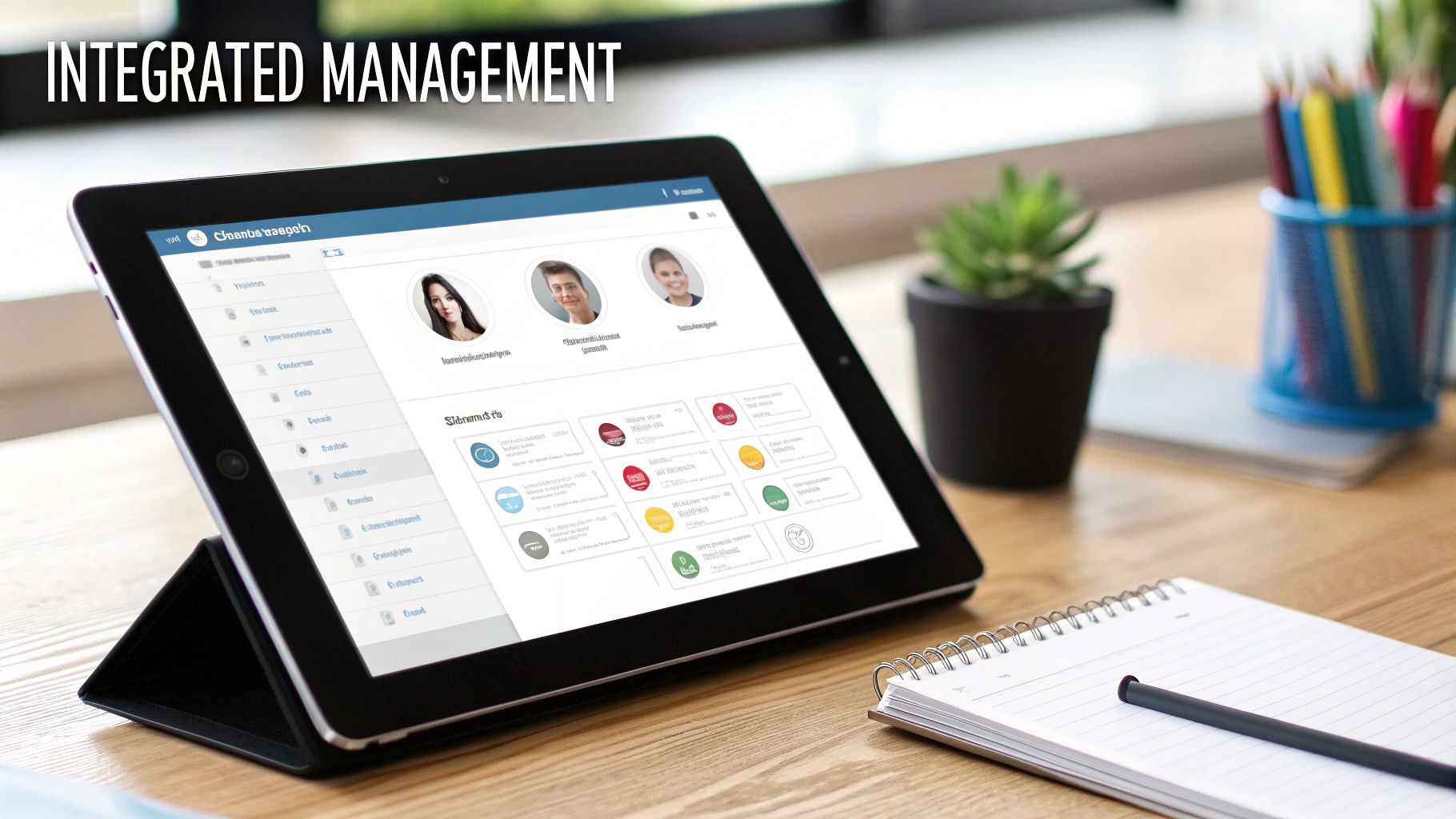 A tablet on a desk displays an integrated management dashboard with user profiles and various icons.