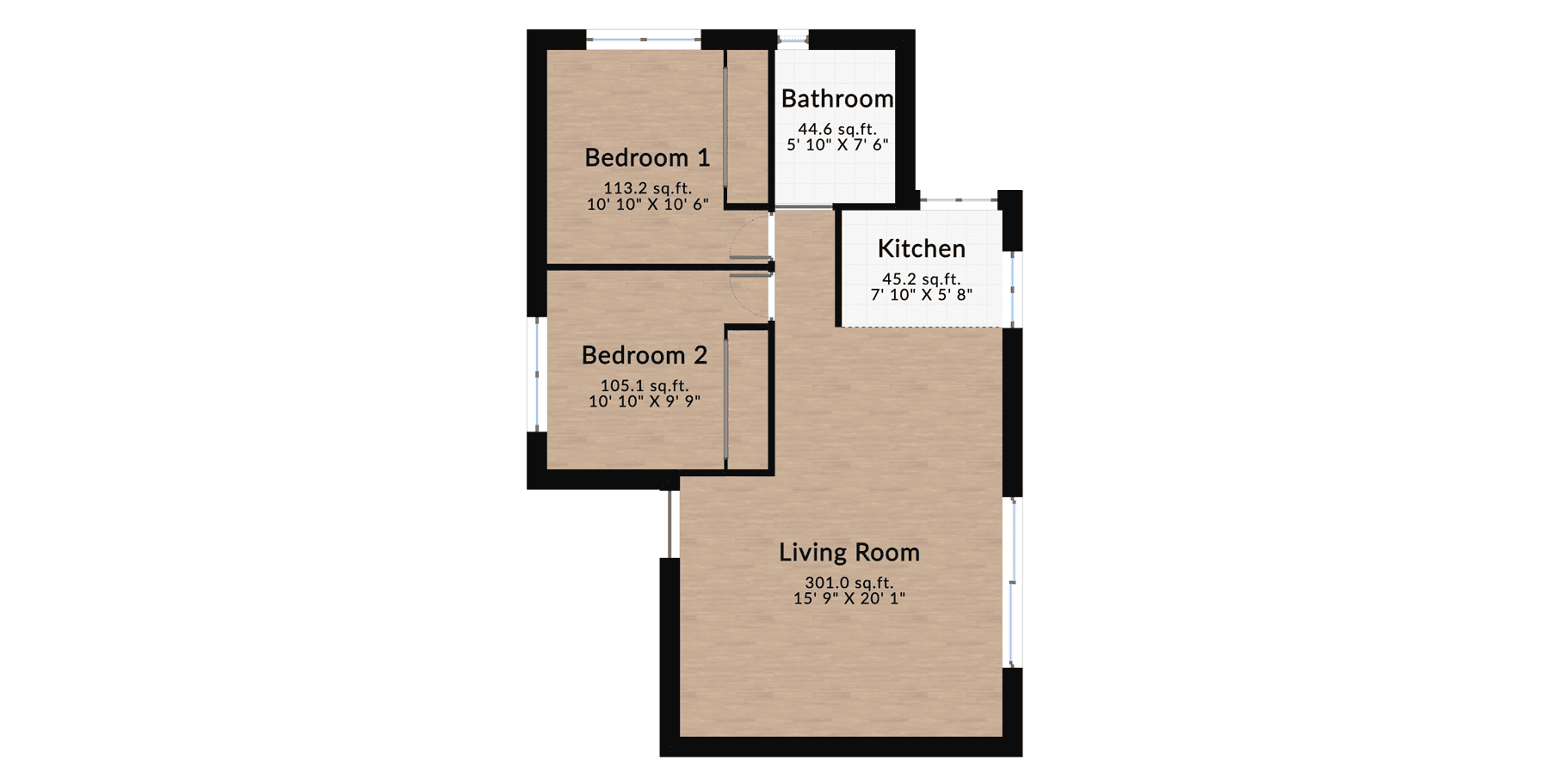 Empty floor plan of an elegant two-bedroom apartment with labeled living room, bedrooms, kitchen, and bathroom.