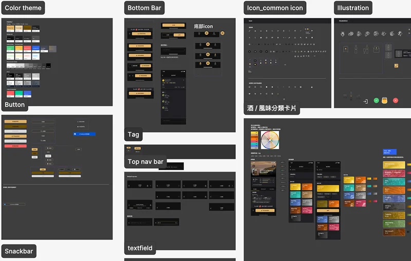 Mobile app UI design system with color themes, buttons, navigation bars, icons, and illustrations in dark theme