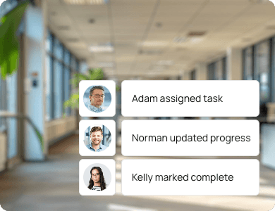 Digital interface showing task updates with names and statuses like “Assigned,” “Updated,” and “Complete,” representing transparent team collaboration.