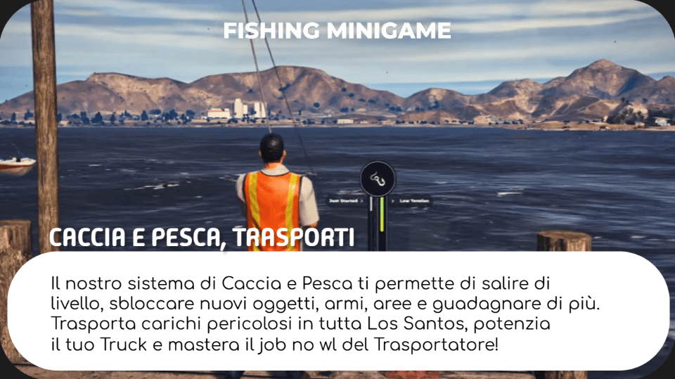 Un personaggio di FiveM che pesca nel lago di Sandy Shore