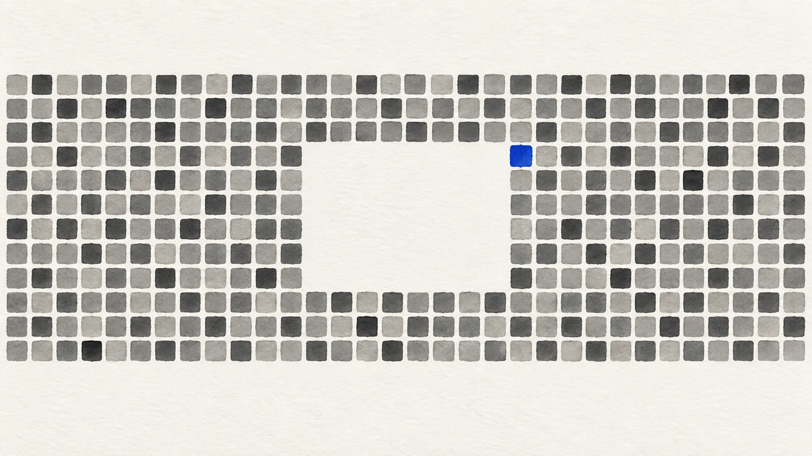 A dense grid of squares with a large clean rectangle removed from the middle, standing for a vector database deleted.