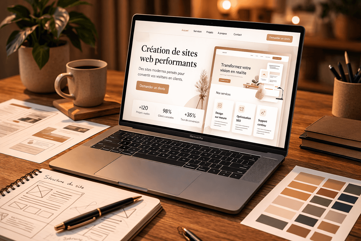 A modern house with large windows and a flat roof, surrounded by greenery against a clear blue sky.