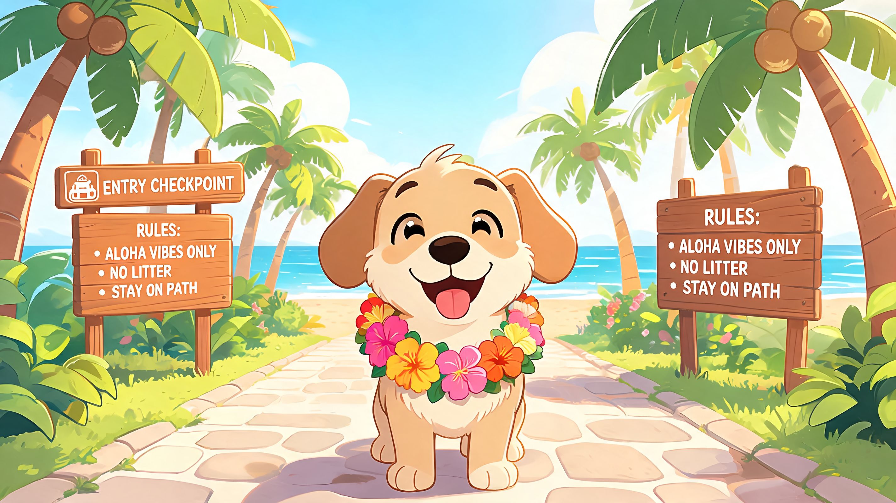A cute cartoon puppy wearing a floral lei stands on a tropical beach path with park rules.